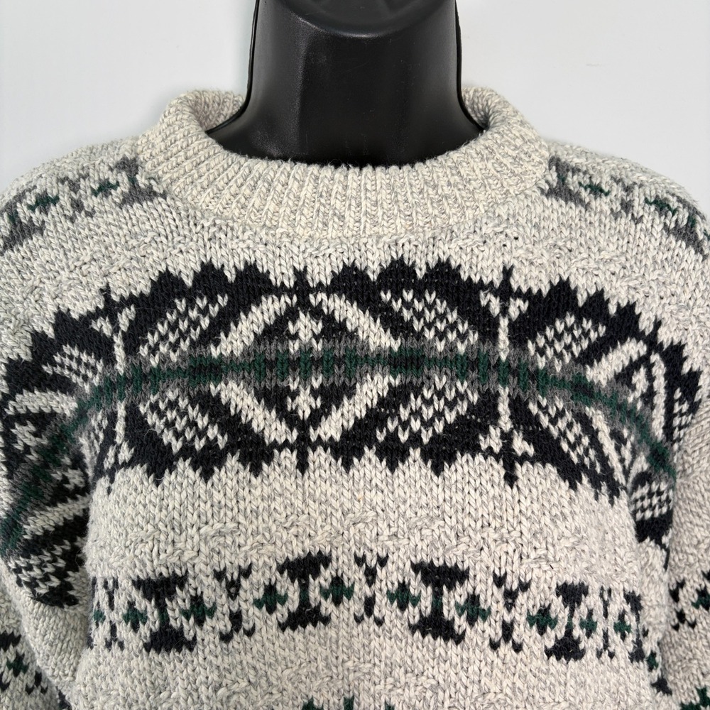 Fair Isle VTG Sweater Cotton Knit Large Grey Black Green - Picture 3 of 8